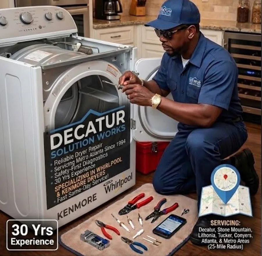 Dryer repair near me - Decatur Solution Works technician repairing a Whirlpool dryer that is not heating in Decatur GA