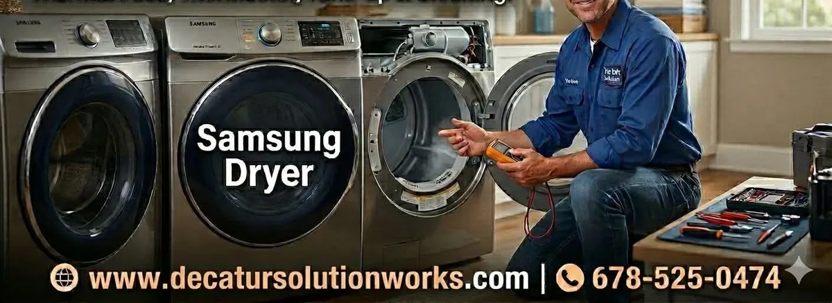 Same-day Samsung residential dryer repair in Decatur GA - Decatur Solution Works technician fixing a home Samsung dryer